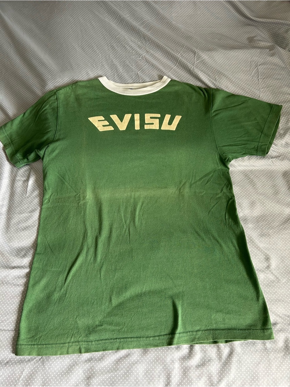 Vintage Evisu Green and White Ringer Tee with Red Patch